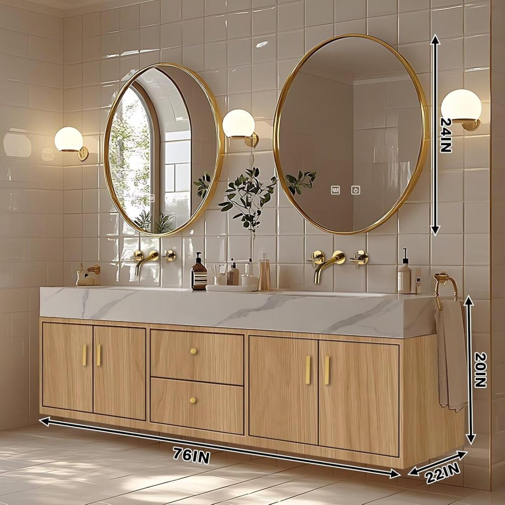 High QLQ Bathroom Vanity – Wall-Mounted Bathroom Vanity with Integrated Double Sinks Includes Symmetrical Solid Wood Cabinet, Double Drawers, Multi-Functional Mirrors (76IN)