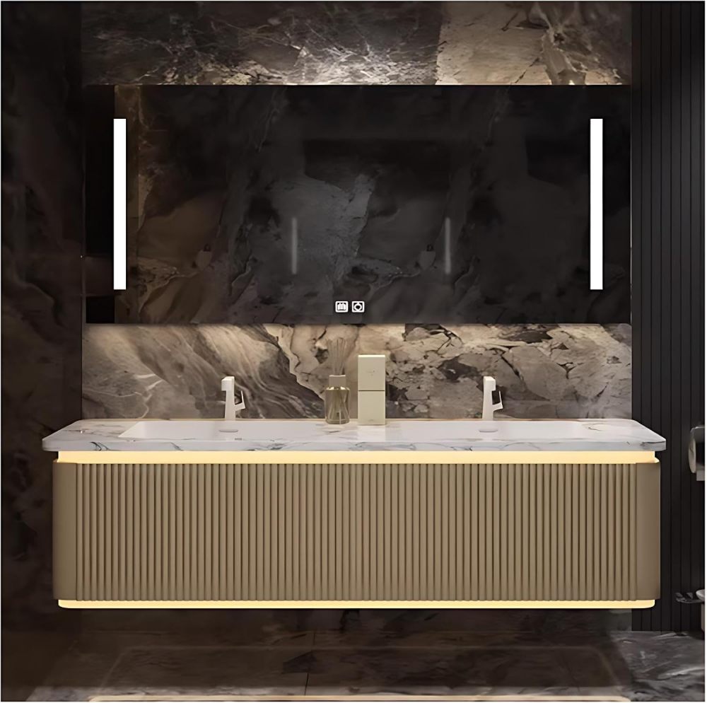 46 inch Bathroom Vanity with Sink - Wall-Mounted Bathroom Vanity with Defogging Mirror & Storage Drawers, Floating Design, Integrated Countertop, Smart Sensor Light, Fully Assembled, Gold