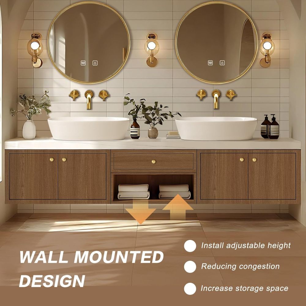 Bathroom Vanity - Floating Bathroom Vanity with Above Counter Double Sinks Includes Brown Wall Mounted Storage Cabinet, Smart Defog Mirrors(68IN)