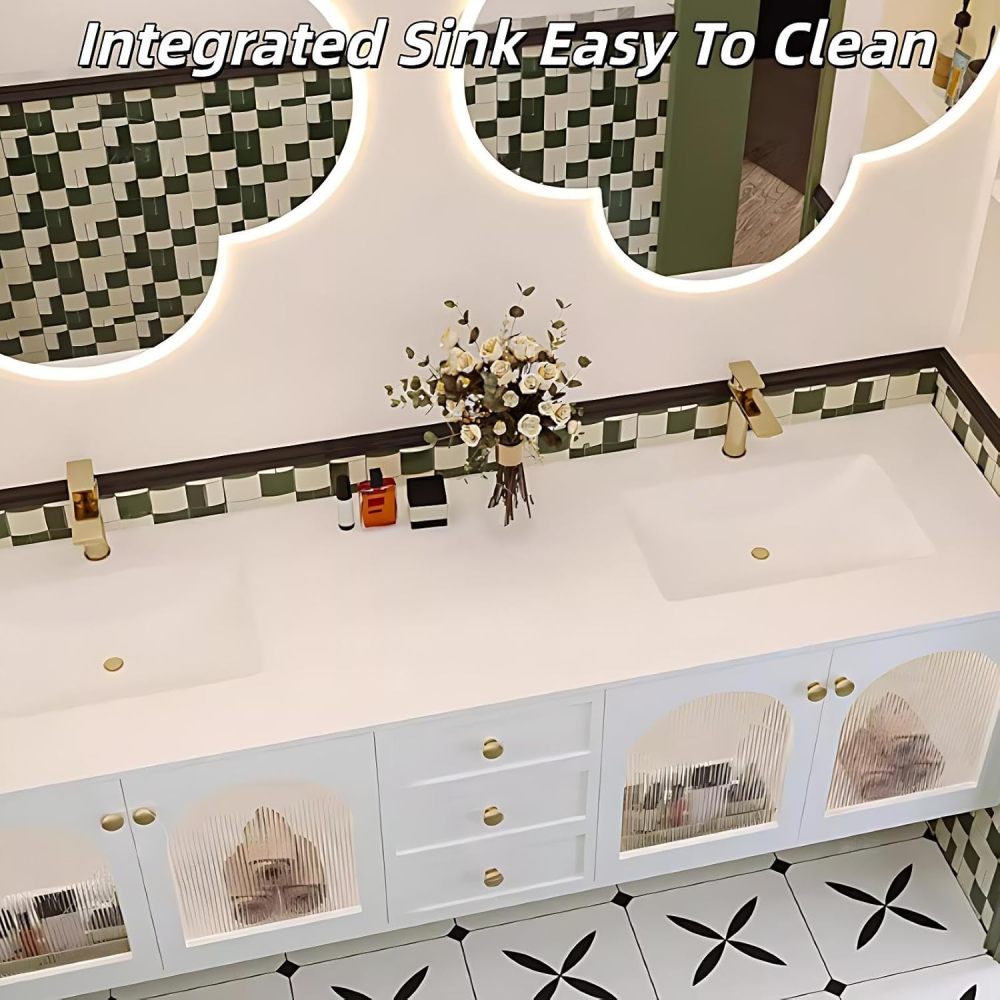68 inch Double Sink Bathroom Vanity - Wall-Mounted Bathroom Vanity Cabinet with Anti-Fog Mirror, Seamless Basin, Unique Mirror Shape, Solid Wood, Fully Assembled, White
