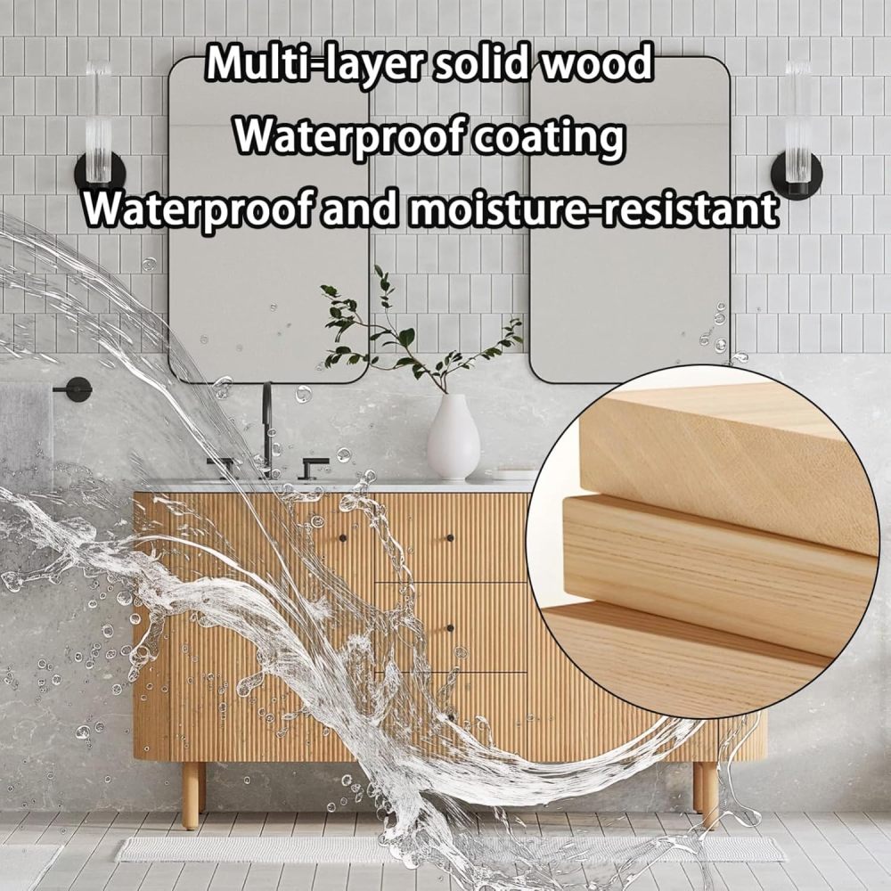 94IN Bathroom Vanity - Modern Bathroom Vanity with Anti-Fog Mirror Cabinet, One-Touch Defog & Lighting, Solid Wood Sink Cabinet with 3 Drawers & 2 Doors, No Assembly Required, Wood