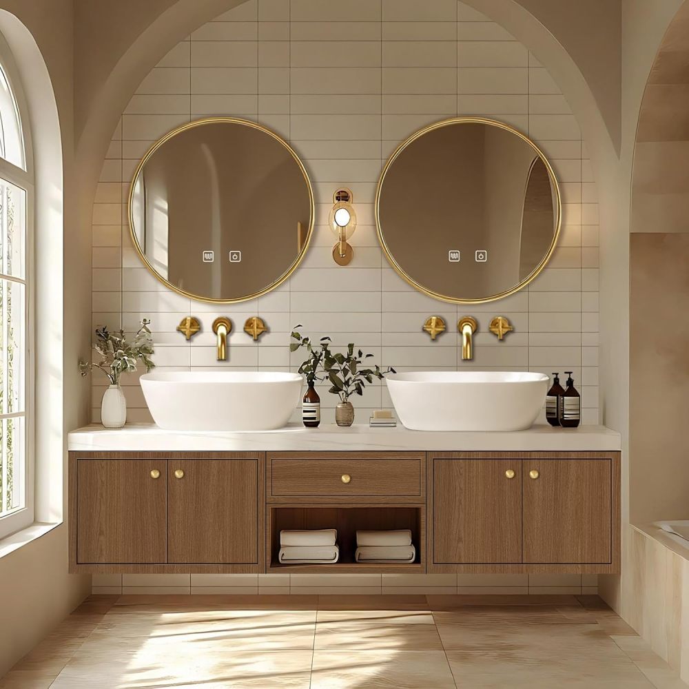 Bathroom Vanity - Floating Bathroom Vanity with Above Counter Double Sinks Includes Brown Wall Mounted Storage Cabinet, Smart Defog Mirrors(68IN)