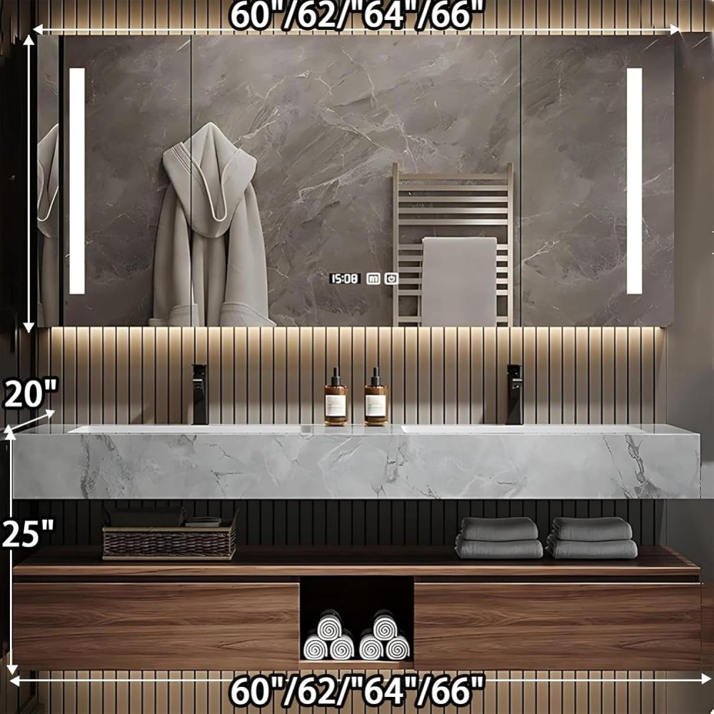 66IN Bathroom Vanity - Solid Wood Bathroom Vanity with Anti-Fog Mirror Cabinet, One-Touch Defog & Lighting, Floating Sink Cabinet with 2 Drawers, No Assembly Required,Wood