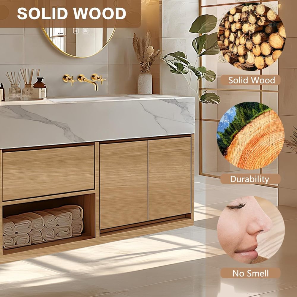 Bathroom Vanity - Modern Bathroom Vanity with Double Sinks Includes Log Style Surface & Symmetrical Cabinets|Log Country Style,Hidden Handle,LED Smart Defog Mirror(72IN)