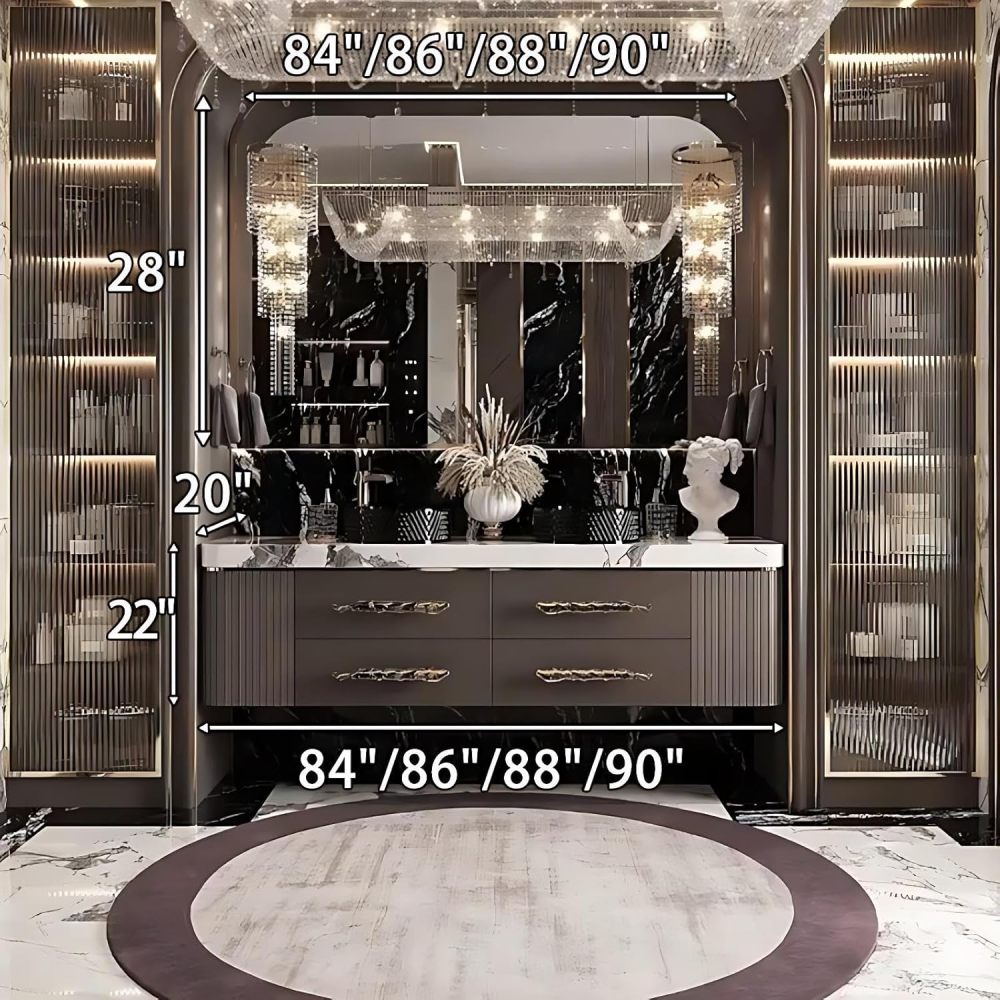 90IN Double Sink Bathroom Vanity - Luxury Bathroom Vanity with Smart Defog Mirror, One-Touch Defog & Lighting, Modern Bathroom Sink Cabinet with 4 Drawers, No Assembly Required, Brown Mirror