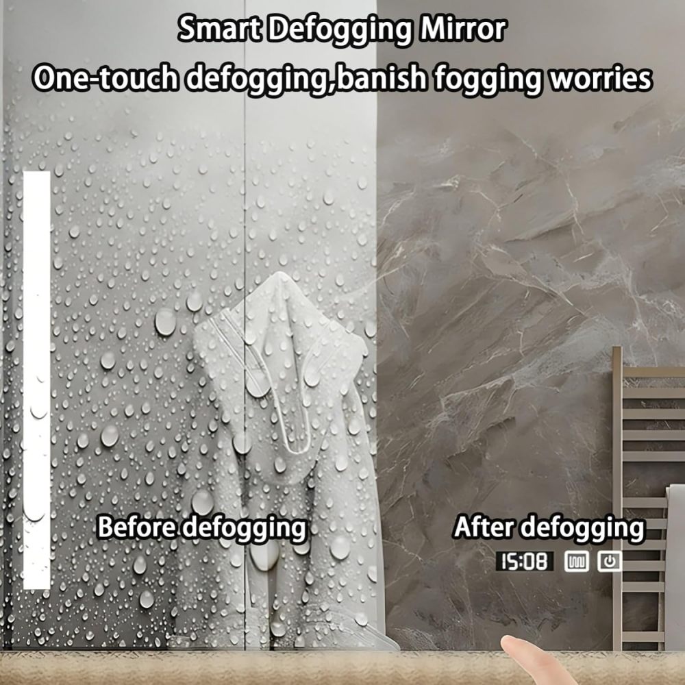 66IN Bathroom Vanity - Solid Wood Bathroom Vanity with Anti-Fog Mirror Cabinet, One-Touch Defog & Lighting, Floating Sink Cabinet with 2 Drawers, No Assembly Required,Wood