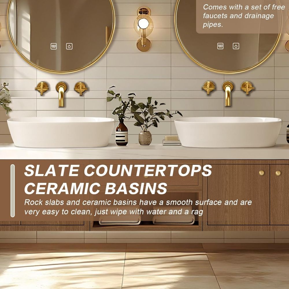 Bathroom Vanity - Floating Bathroom Vanity with Above Counter Double Sinks Includes Brown Wall Mounted Storage Cabinet, Smart Defog Mirrors(68IN)
