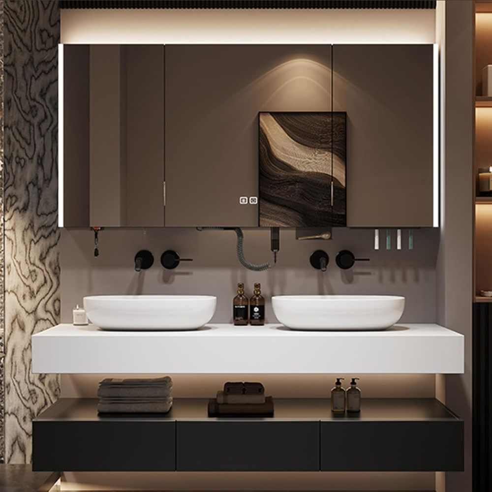 54IN Double Bathroom Vanity with Sink - Floating Bathroom Vanity Set | Includes LED Smart Defogging Mirror Cabinet & 2 Tabletop Ceramic Watercolor Stands | Multi-Layer Solid Wood Material