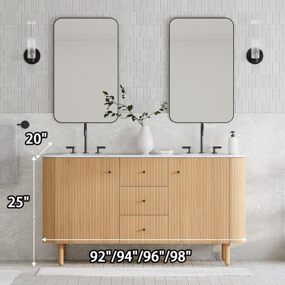 94IN Bathroom Vanity - Modern Bathroom Vanity with Anti-Fog Mirror Cabinet, One-Touch Defog & Lighting, Solid Wood Sink Cabinet with 3 Drawers & 2 Doors, No Assembly Required, Wood