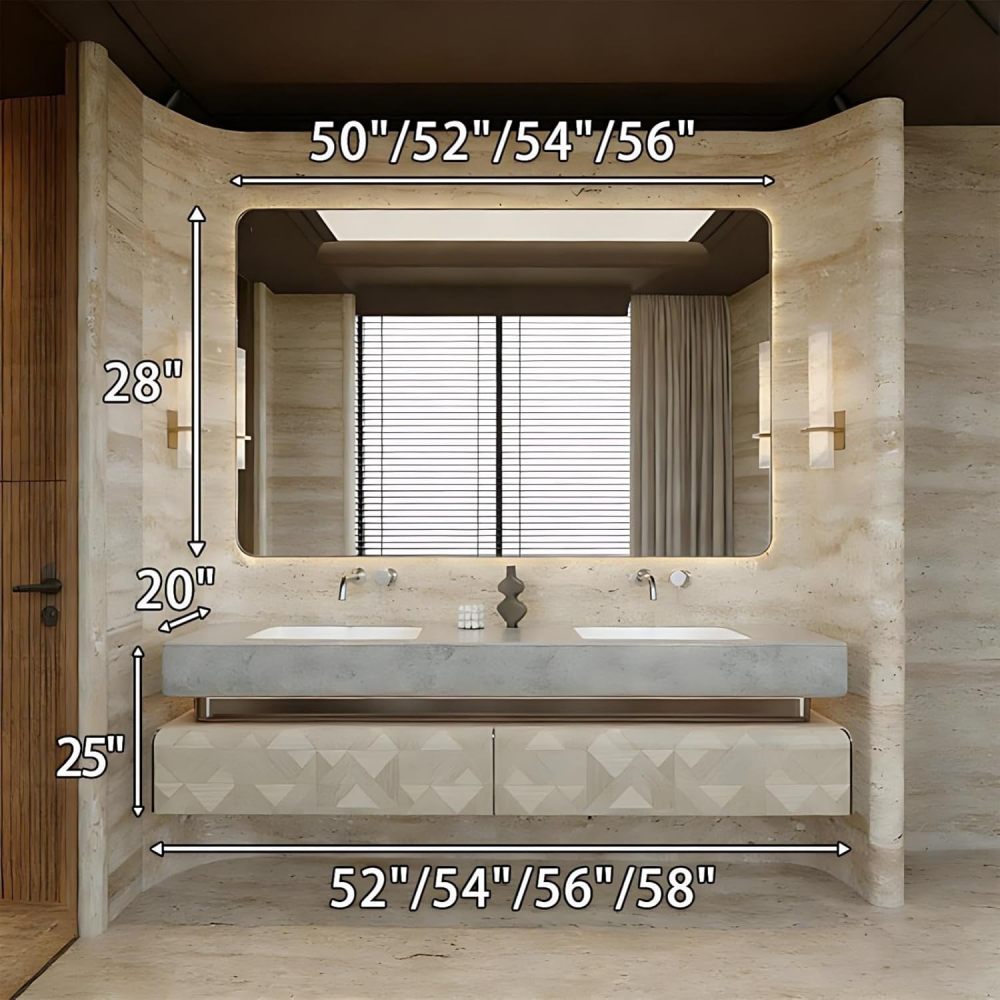 56IN Double Sink Bathroom Vanity - Luxury Bathroom Vanity with Smart Defog Mirror, One-Touch Defog & Lighting, Floating Sink Cabinet with 2 Drawers, No Assembly Required, Off-White