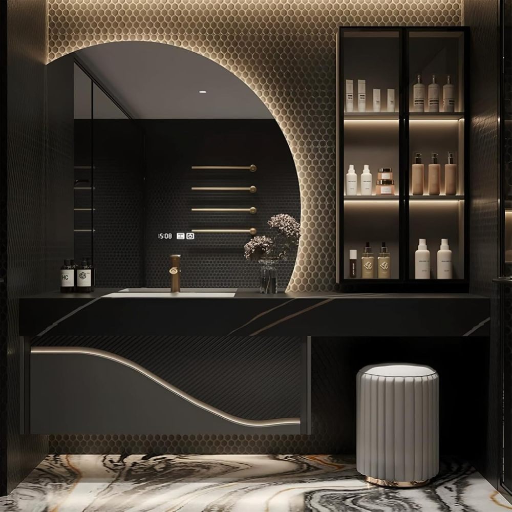 102IN Double Sink Bathroom Vanity - Luxury Bathroom Vanity with Smart Defog Mirror & 2 Drawers, One-Touch Defog, Floating Sink Cabinet with Storage, No Assembly Required, Black