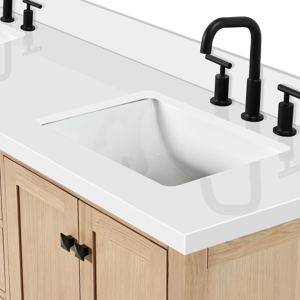 ARIEL Double Bathroom Vanity 73 inch White Oak with Rectangle Sink, 1.5 inch Edge Pure White Quartz Countertop & Backsplash, 4 Soft Closing Doors, 6 Full Extension Dovetail Drawers, Matte Black
