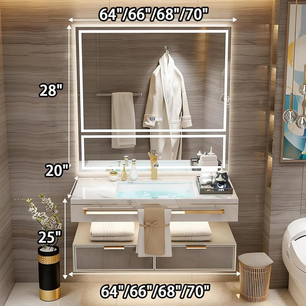 70IN Bathroom Vanity with Sink - Luxury Bathroom Vanity with Smart Defog Mirror, One-Touch Defog & Lighting, Floating Sink Cabinet with Multiple Storage Areas, No Assembly Required, Grey