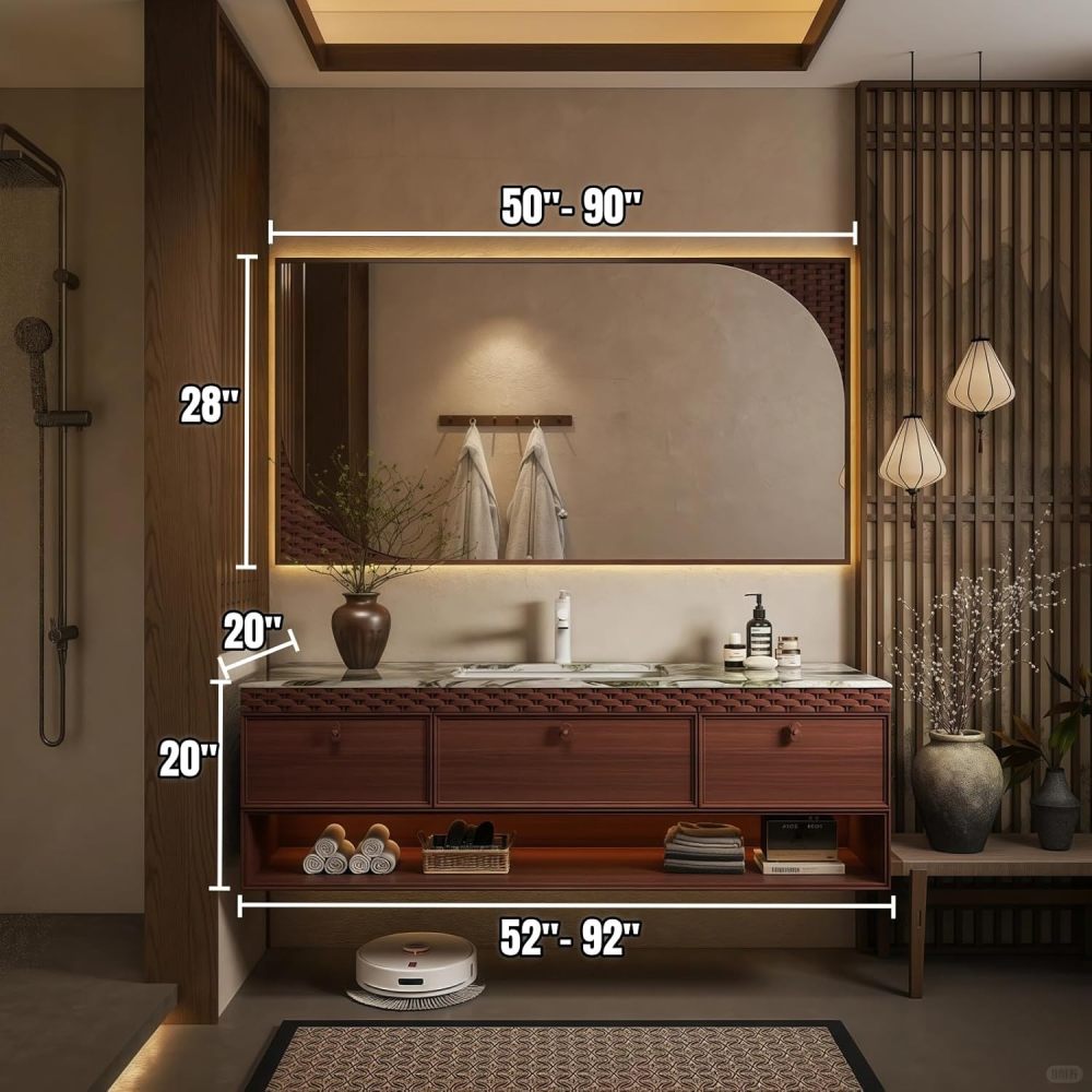 92" Bathroom Vanity with Sink - Modern Bathroom Vanities with Smart Anti-Fog Mirror, Sintered Stone Countertop, Multi-Layer Solid Wood Bathroom Storage Cabinet, Floating Vanity Set,Wood Color