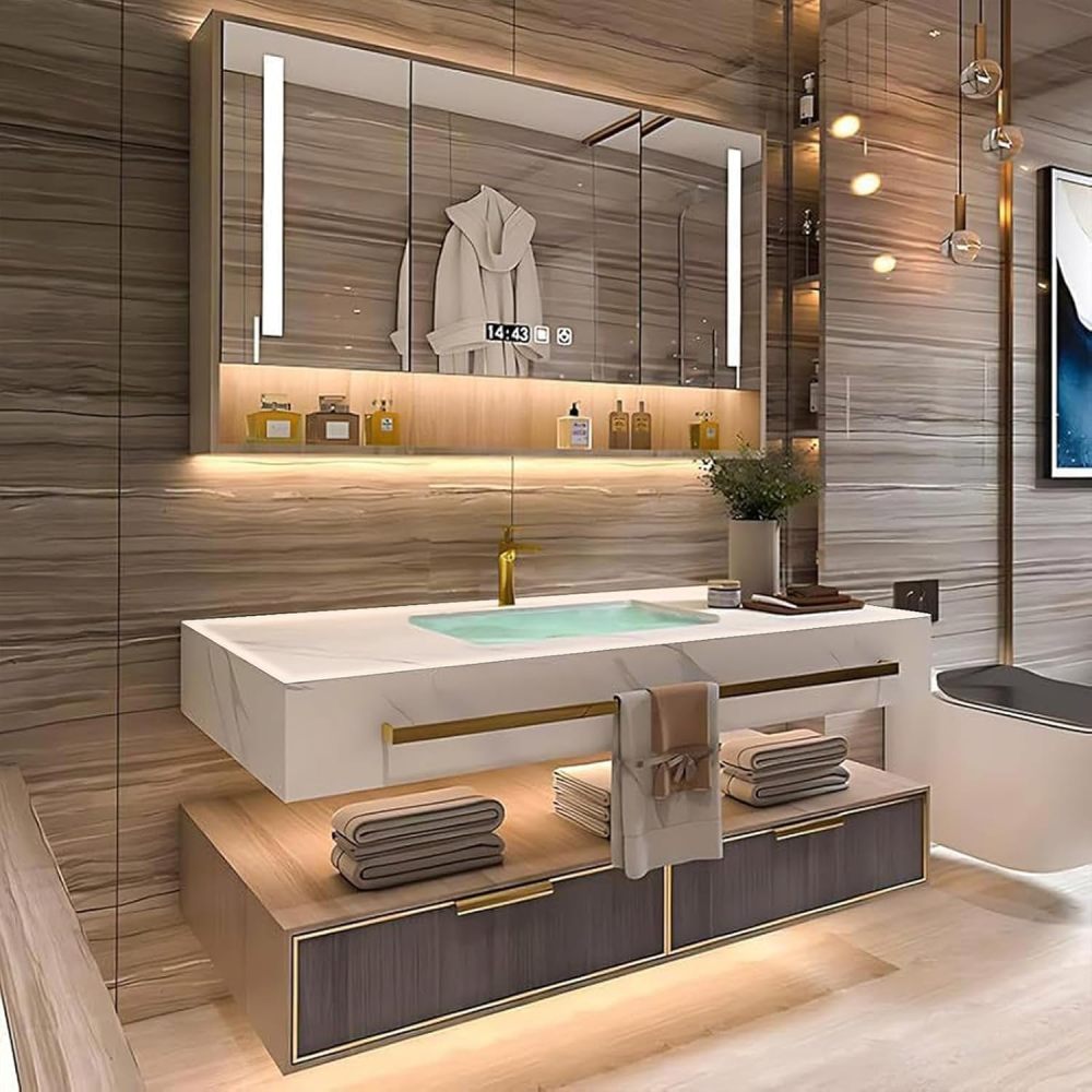 70IN Bathroom Vanity with Sink - Luxury Bathroom Vanity with Smart Defog Mirror, One-Touch Defog & Lighting, Floating Sink Cabinet with Multiple Storage Areas, No Assembly Required, Grey