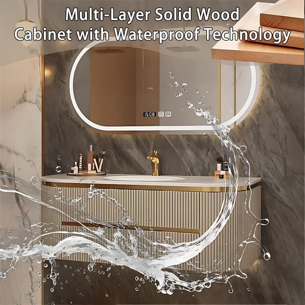 88IN Bathroom Vanity - Modern Bathroom Vanity with Smart Defog Mirror, Floating Sink Cabinet with 3 Drawers & Seamless Sink, No Assembly Required, Grey- Mirror