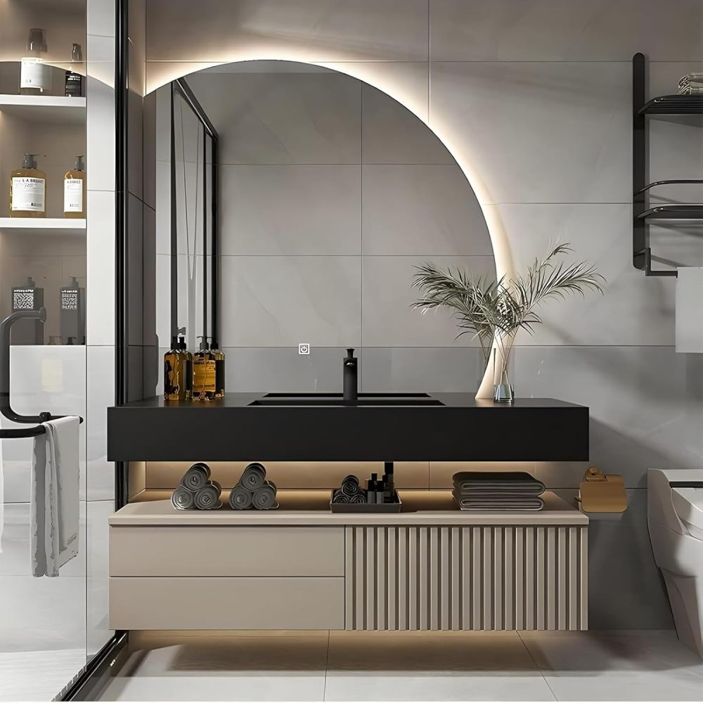 74IN Double Sink Bathroom Vanity - Modern Bathroom Vanity with Smart Defog Mirror, Floating Sink Cabinet with 3 Drawers, Complete Accessories, No Assembly Required, Khaki