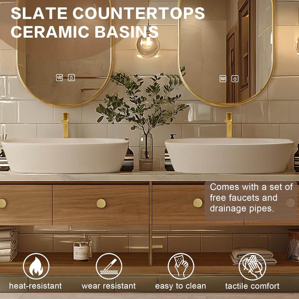 Bathroom Vanity - Retro Bathroom Vanity with Double Sinks Includes Above Counter Sink & Log Style|Open Storage Rack,LED Smart Mirror,Exquisite Handle(92IN)