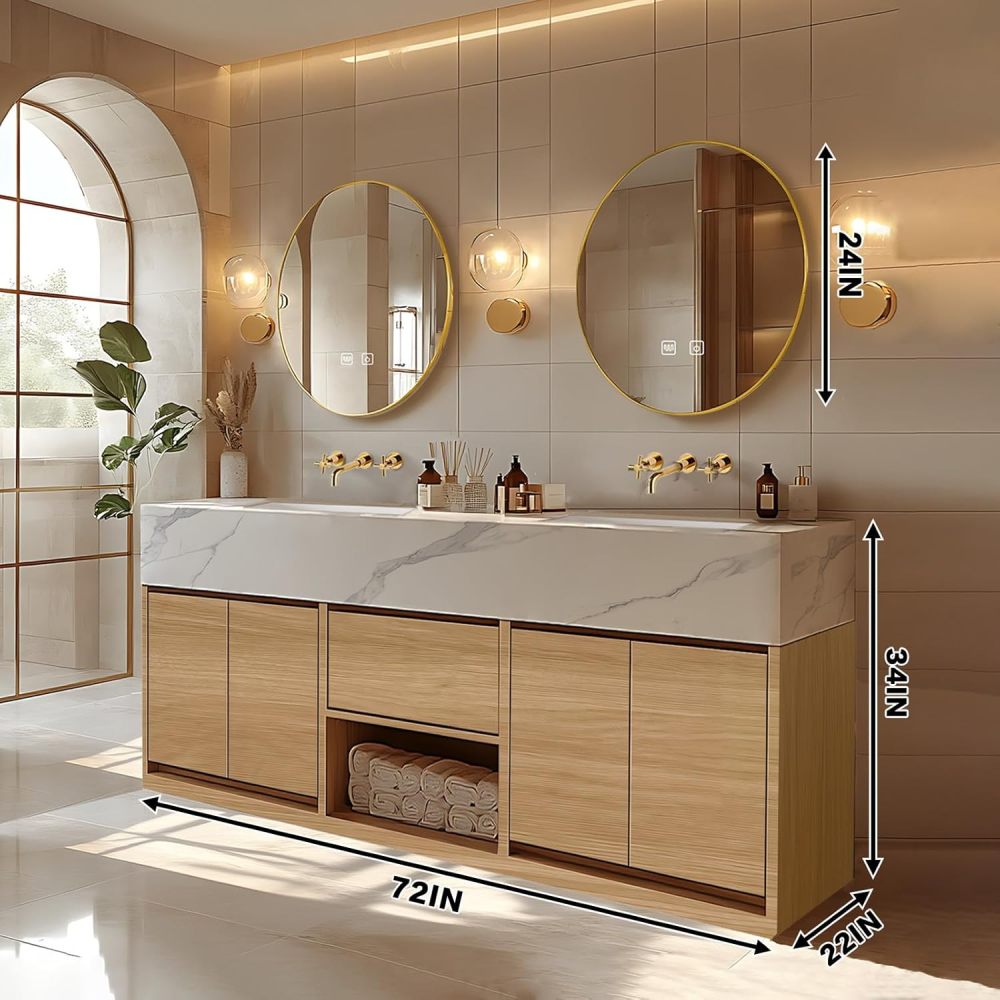 Bathroom Vanity - Modern Bathroom Vanity with Double Sinks Includes Log Style Surface & Symmetrical Cabinets|Log Country Style,Hidden Handle,LED Smart Defog Mirror(72IN)