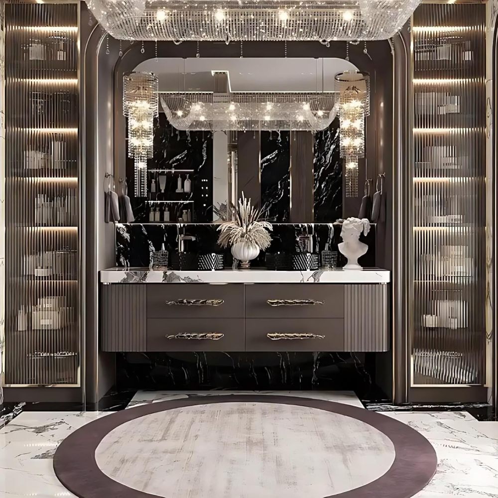 90IN Double Sink Bathroom Vanity - Luxury Bathroom Vanity with Smart Defog Mirror, One-Touch Defog & Lighting, Modern Bathroom Sink Cabinet with 4 Drawers, No Assembly Required, Brown Mirror