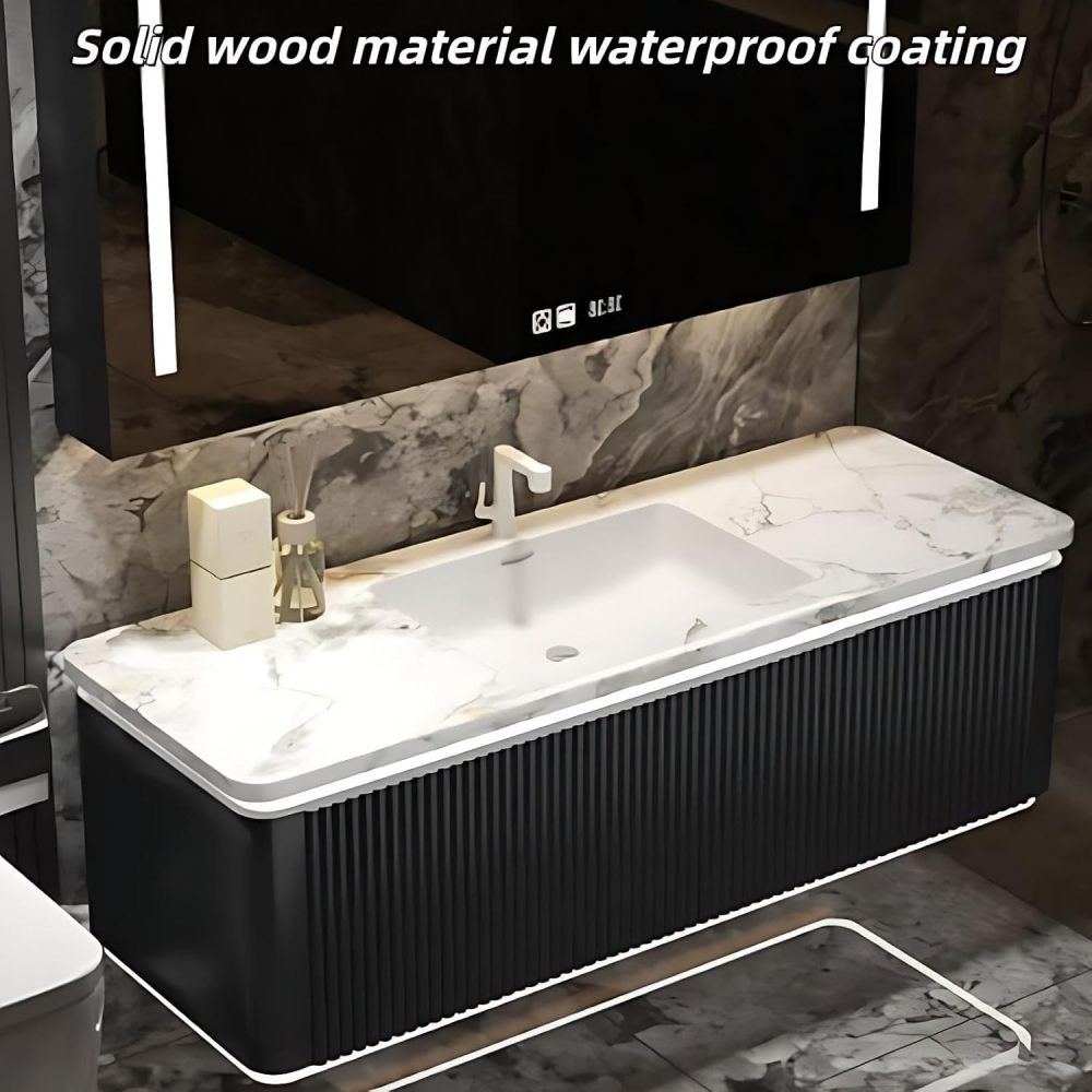 46 inch Bathroom Vanity with Sink - Wall-Mounted Bathroom Vanity with Defogging Mirror & Storage Drawers, Floating Design, Integrated Countertop, Smart Sensor Light, Fully Assembled, Gold