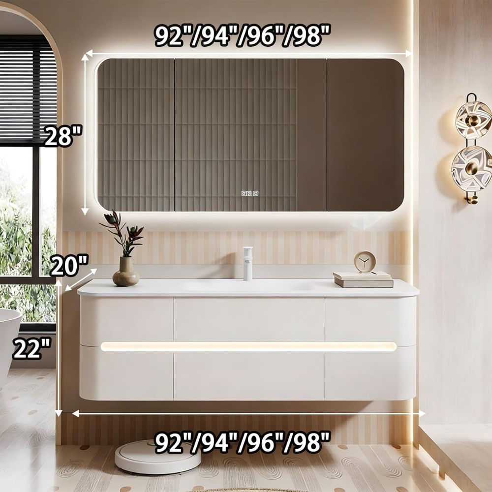 98IN Bathroom Vanity - Modern Bathroom Vanity with Anti-Fog Mirror Cabinet, One-Touch Defog & Lighting, Floating Sink Cabinet with 6 Drawers, No Assembly Required, Khaki