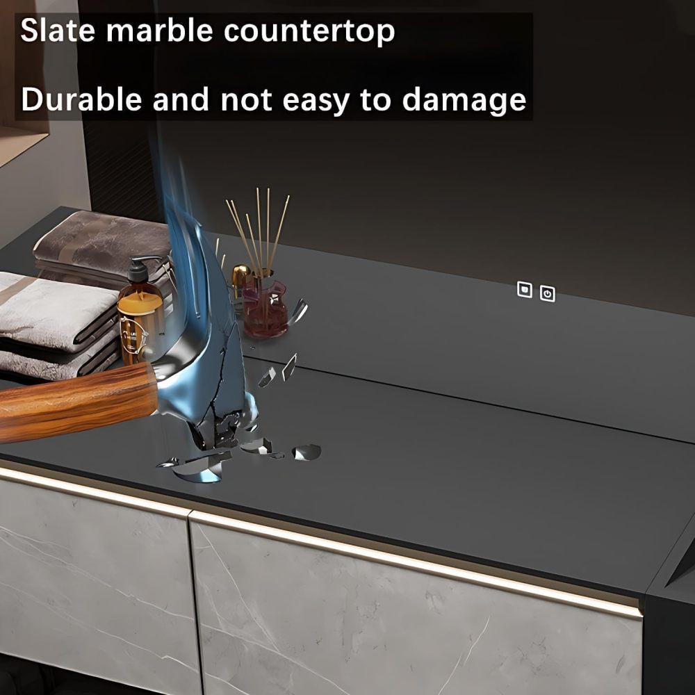 62IN Double Sink Bathroom Vanity - Modern Bathroom Vanity with Smart Defog Mirror, One-Touch Defog & Lighting, Stylish Sink Cabinet with 3 Drawers, No Assembly Required,Black