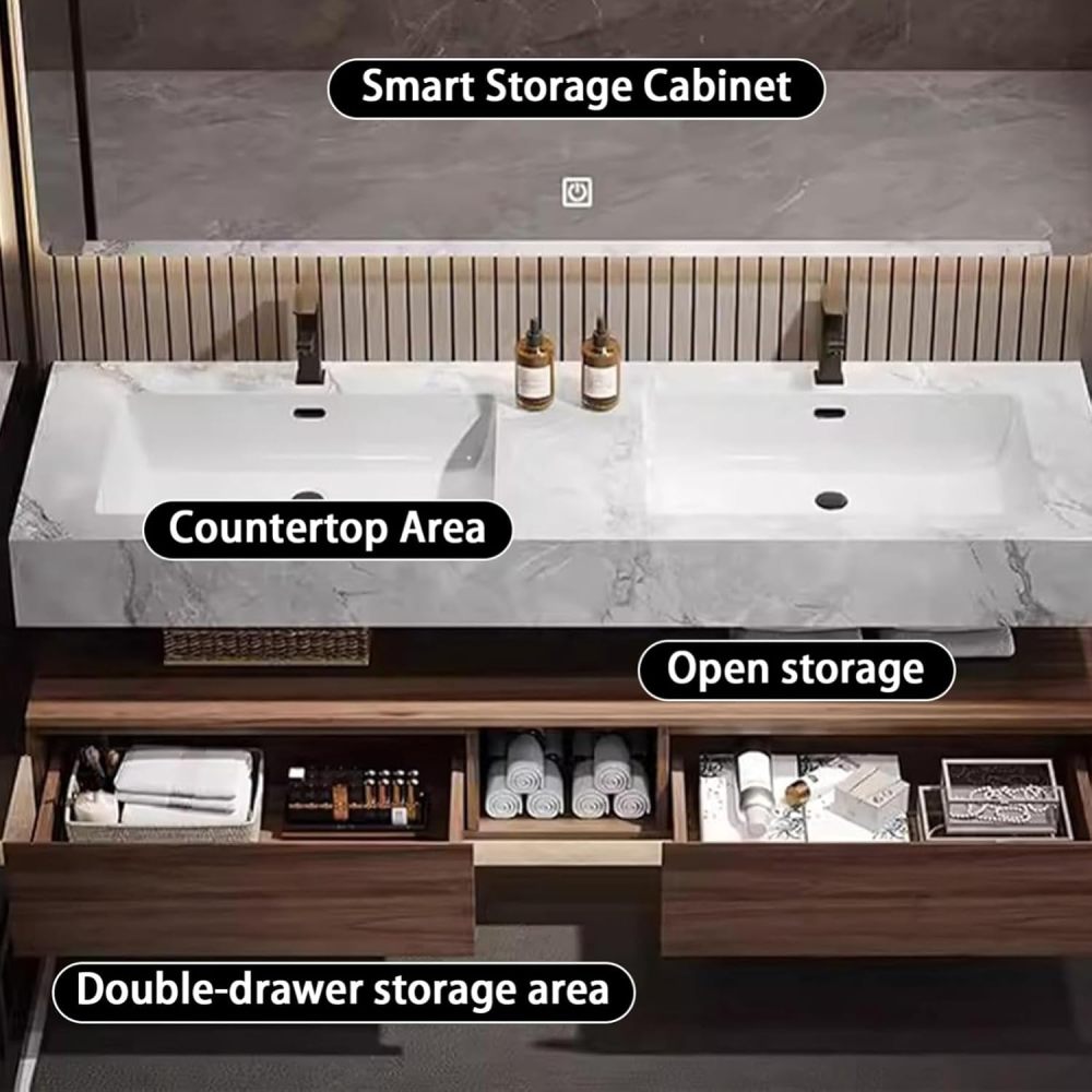 66IN Bathroom Vanity - Solid Wood Bathroom Vanity with Anti-Fog Mirror Cabinet, One-Touch Defog & Lighting, Floating Sink Cabinet with 2 Drawers, No Assembly Required,Wood