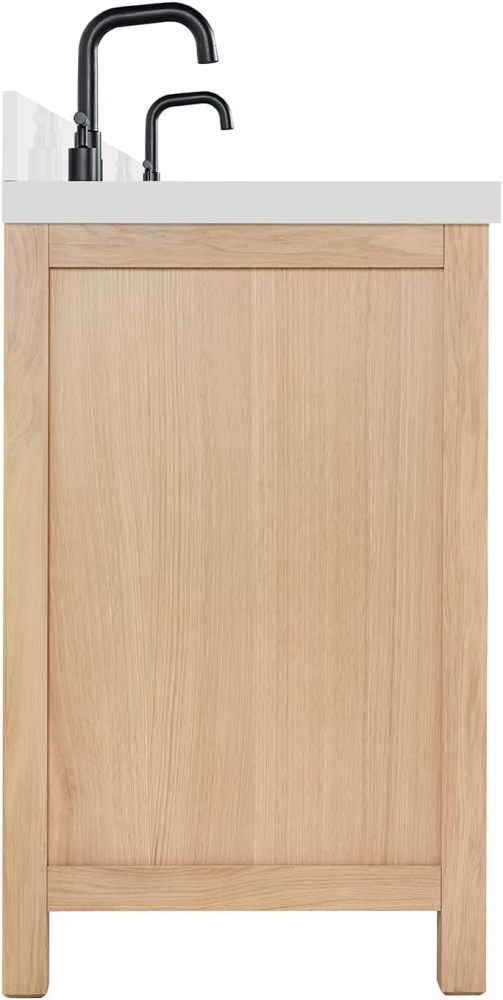 ARIEL Double Bathroom Vanity 73 inch White Oak with Rectangle Sink, 1.5 inch Edge Pure White Quartz Countertop & Backsplash, 4 Soft Closing Doors, 6 Full Extension Dovetail Drawers, Matte Black