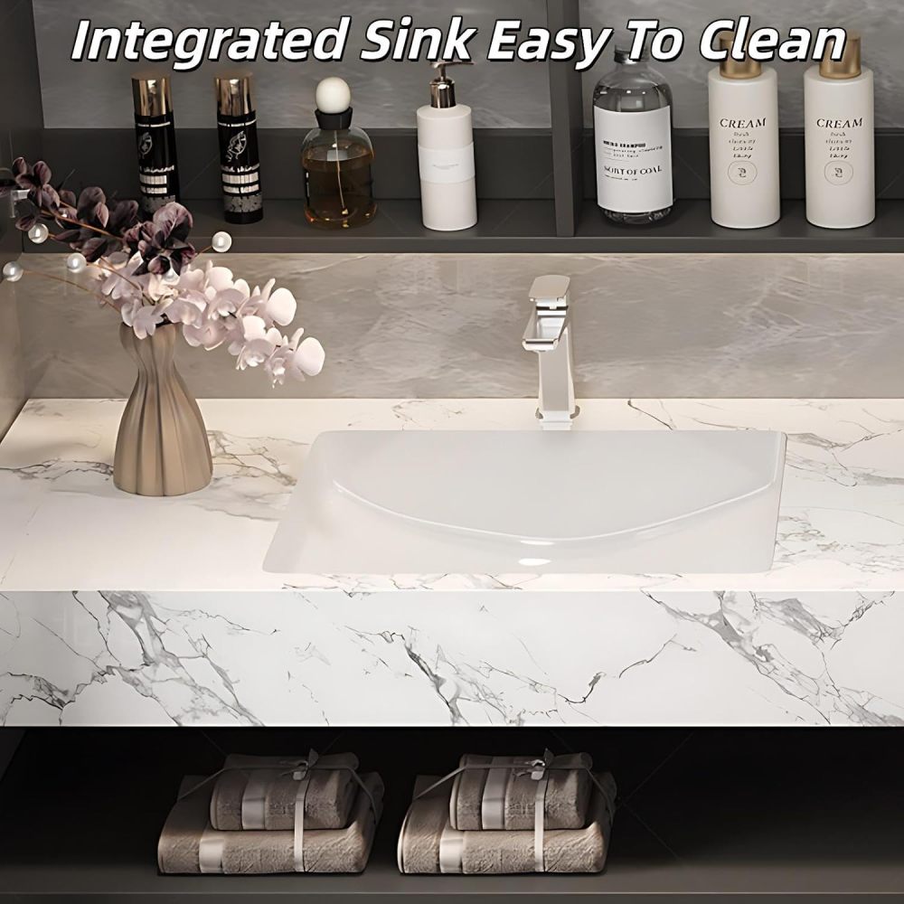 84 inch Double Sink Bathroom Vanity - Luxury Floating Bathroom Vanity with Anti-Fog Mirror Cabinet & 4 Drawers, One-Piece Marble Countertop, Solid Wood, Fully Assembled, Wood
