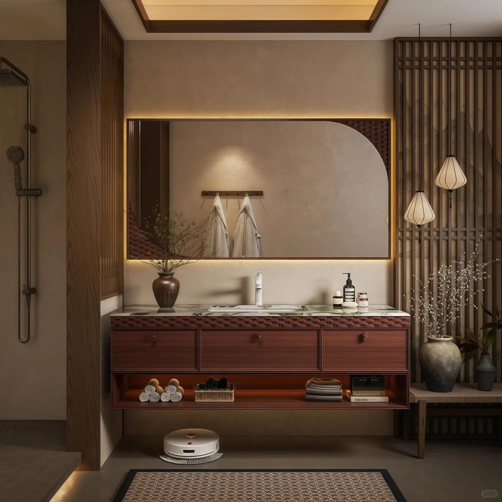 92" Bathroom Vanity with Sink - Modern Bathroom Vanities with Smart Anti-Fog Mirror, Sintered Stone Countertop, Multi-Layer Solid Wood Bathroom Storage Cabinet, Floating Vanity Set,Wood Color