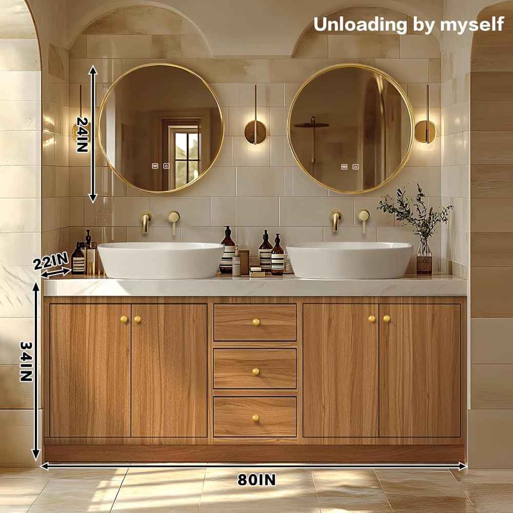 Bathroom Vanity - Modern Bathroom Vanity with Double Sinks Includes Solid Wood Cabinet & Round Mirror|American Country Style,Large Storage Space(80IN)