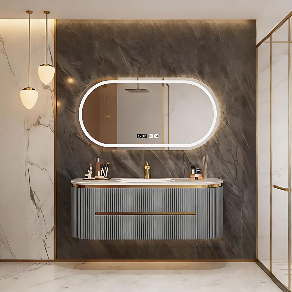 88IN Bathroom Vanity - Modern Bathroom Vanity with Smart Defog Mirror, Floating Sink Cabinet with 3 Drawers & Seamless Sink, No Assembly Required, Grey- Mirror
