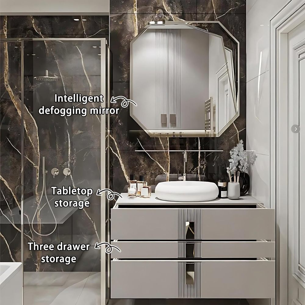 104IN Bathroom Vanity - Modern Bathroom Vanity with Smart Defog Mirror & 3 Drawers, One-Touch Defog & Lighting, Floating Sink Cabinet with Seamless Sink, No Assembly Required, Grey - Mirror