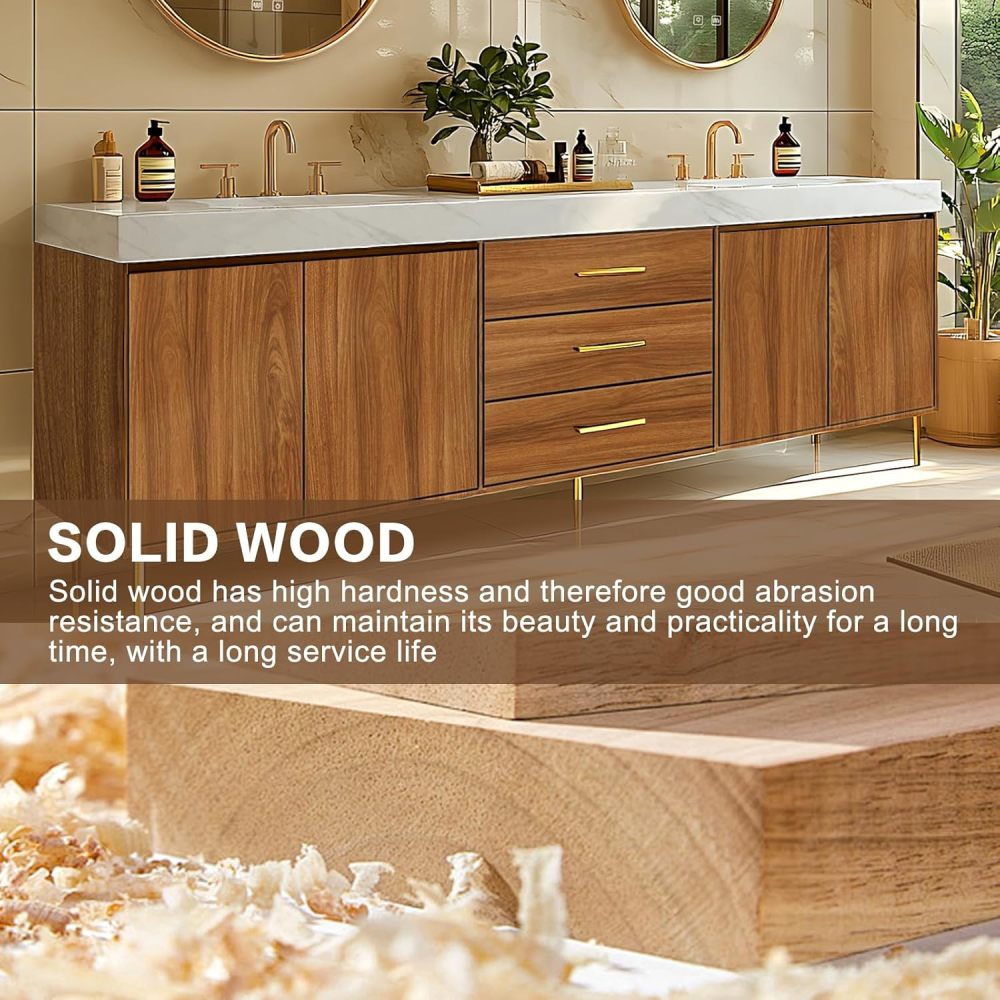 Bathroom Vanity - Retro Bathroom Vanity with Double Sinks Includes Symmetrical Cabinet & Round Mirror|Log Style,Exquisite Handle,LED Smart Defog Mirror(92IN)