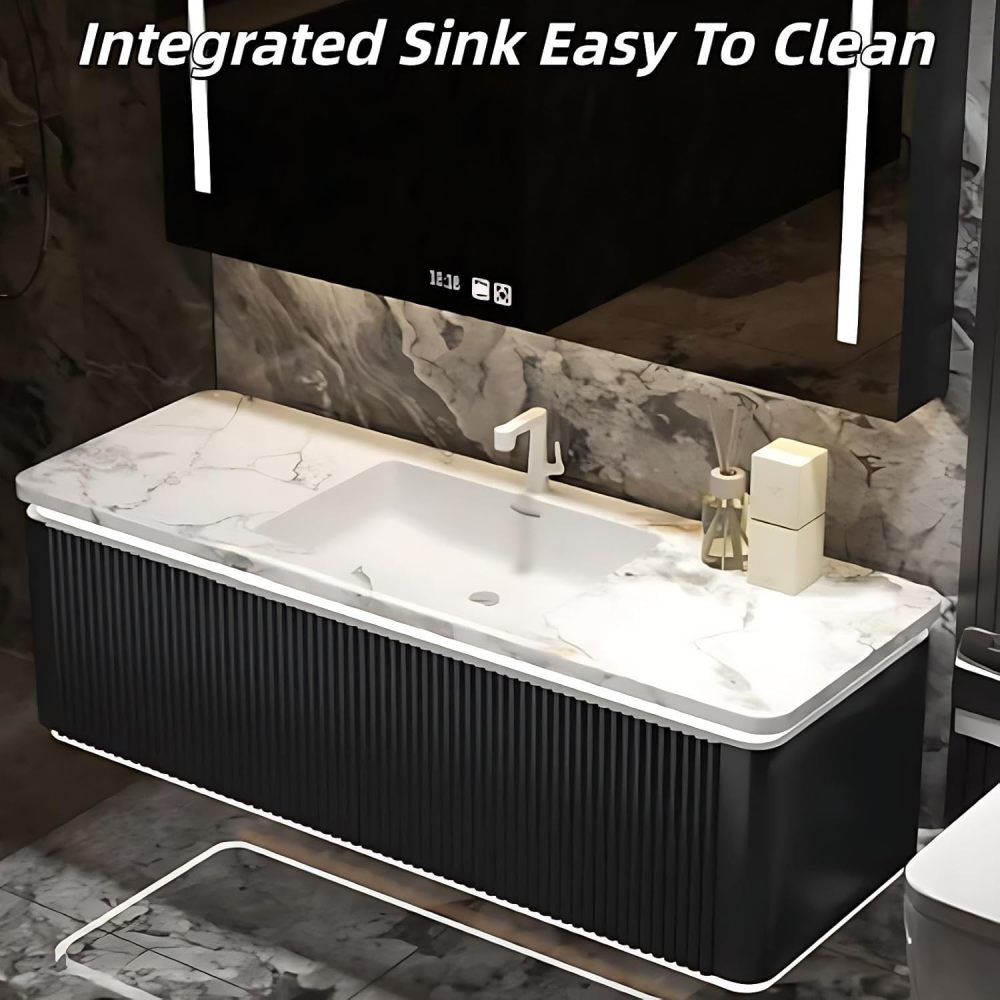 46 inch Bathroom Vanity with Sink - Wall-Mounted Bathroom Vanity with Defogging Mirror & Storage Drawers, Floating Design, Integrated Countertop, Smart Sensor Light, Fully Assembled, Gold