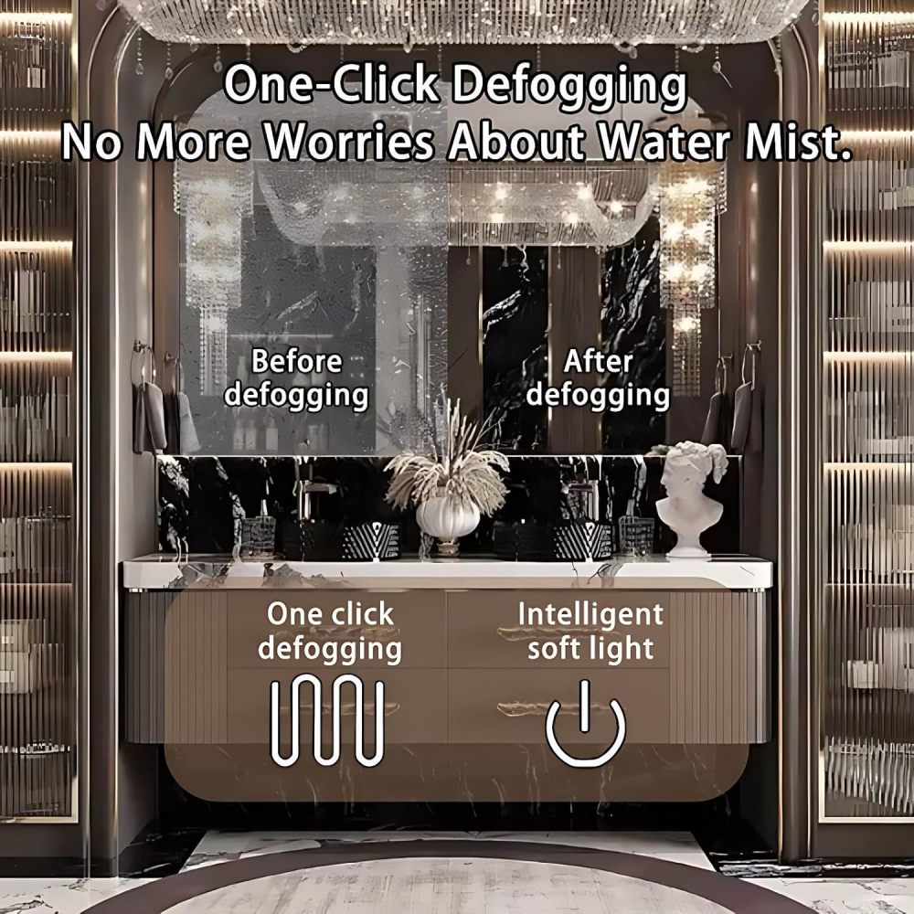 90IN Double Sink Bathroom Vanity - Luxury Bathroom Vanity with Smart Defog Mirror, One-Touch Defog & Lighting, Modern Bathroom Sink Cabinet with 4 Drawers, No Assembly Required, Brown Mirror