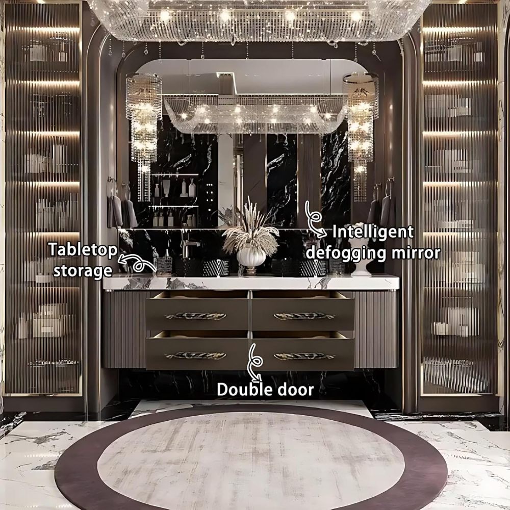 90IN Double Sink Bathroom Vanity - Luxury Bathroom Vanity with Smart Defog Mirror, One-Touch Defog & Lighting, Modern Bathroom Sink Cabinet with 4 Drawers, No Assembly Required, Brown Mirror