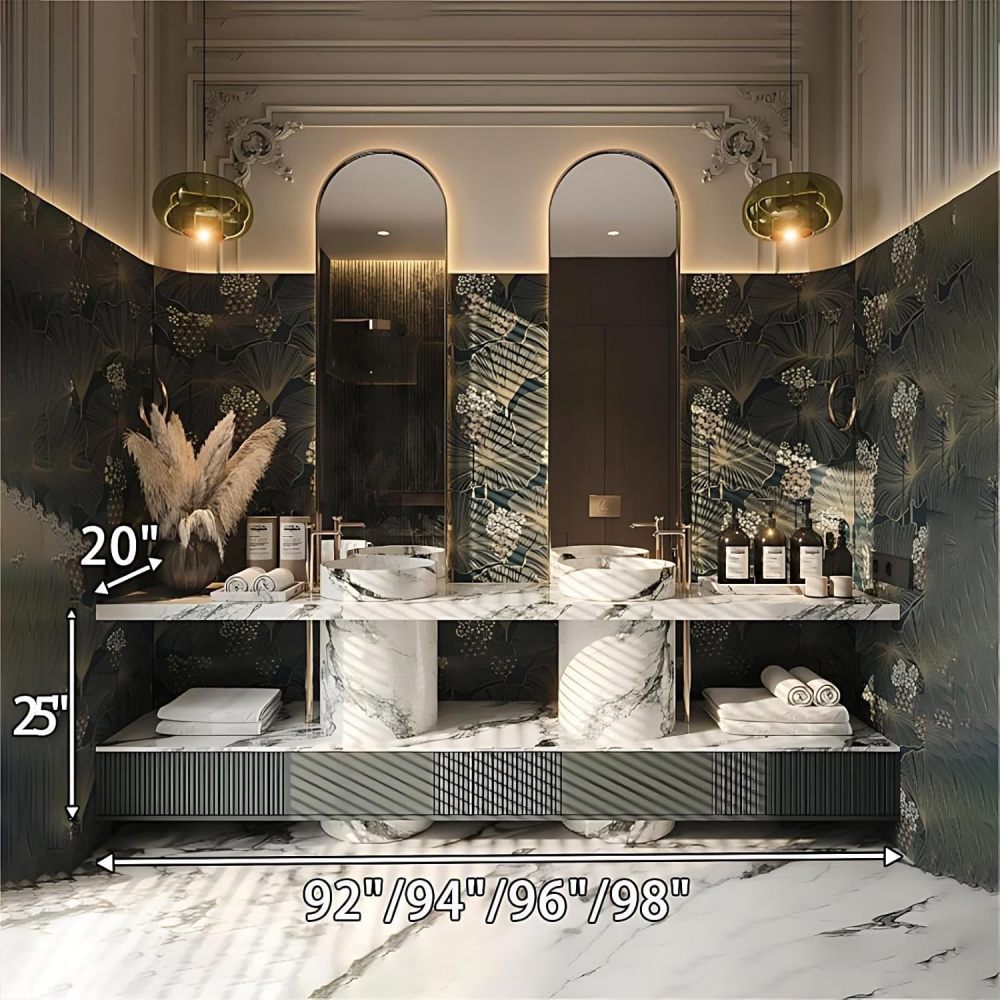 96IN Double Sink Bathroom Vanity - Luxury Floating Bathroom Vanity with Smart Defog Mirror, Modern Bathroom Sink Cabinet with Multiple Storage Areas, No Assembly Required, Grey