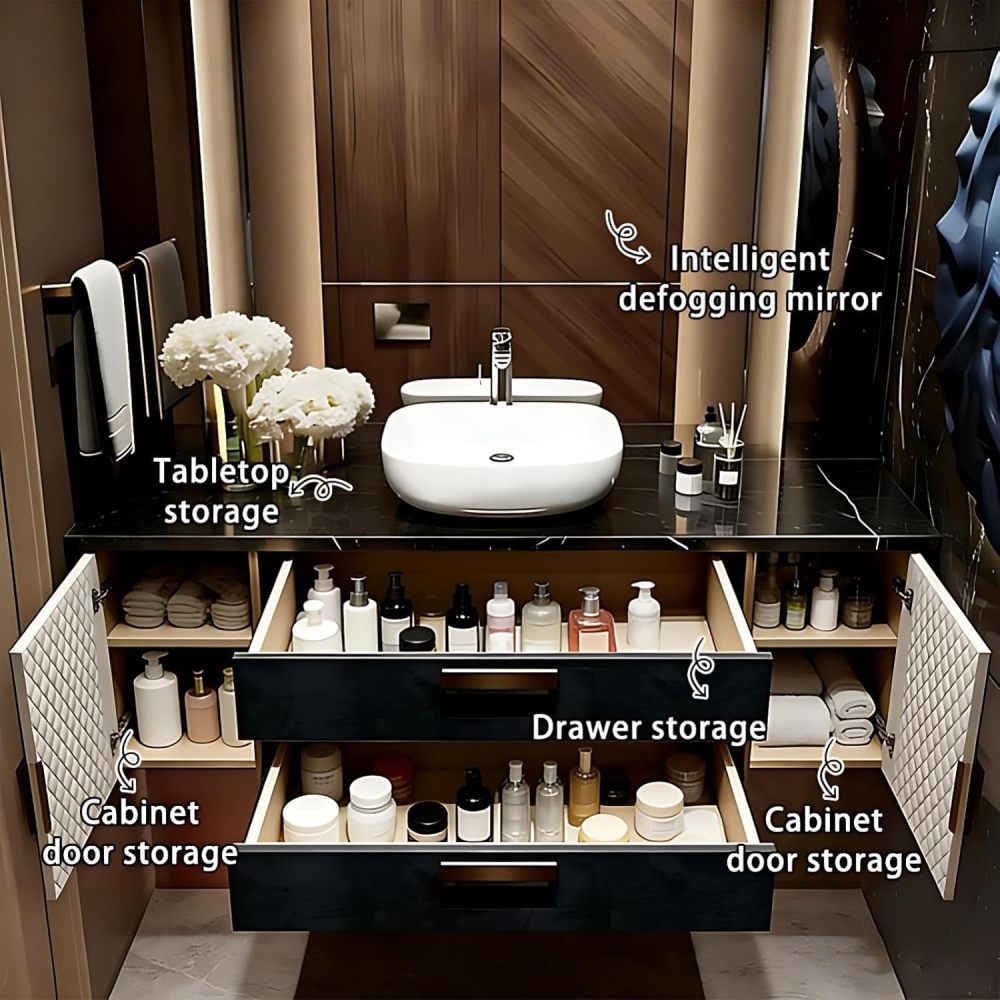 76IN Bathroom Vanity with Sink - Luxury Bathroom Vanity with Smart Defog Mirror, One-Touch Defog, Floating Sink Cabinet with Multiple Storage Areas, No Assembly Required, Blue - Mirror