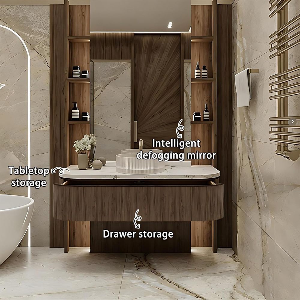 68IN Bathroom Vanity - Solid Wood Bathroom Vanity with Smart Defog Mirror, Floating Sink Cabinet with 2 Drawers & Seamless Sink, No Assembly Required, Wood Mirror