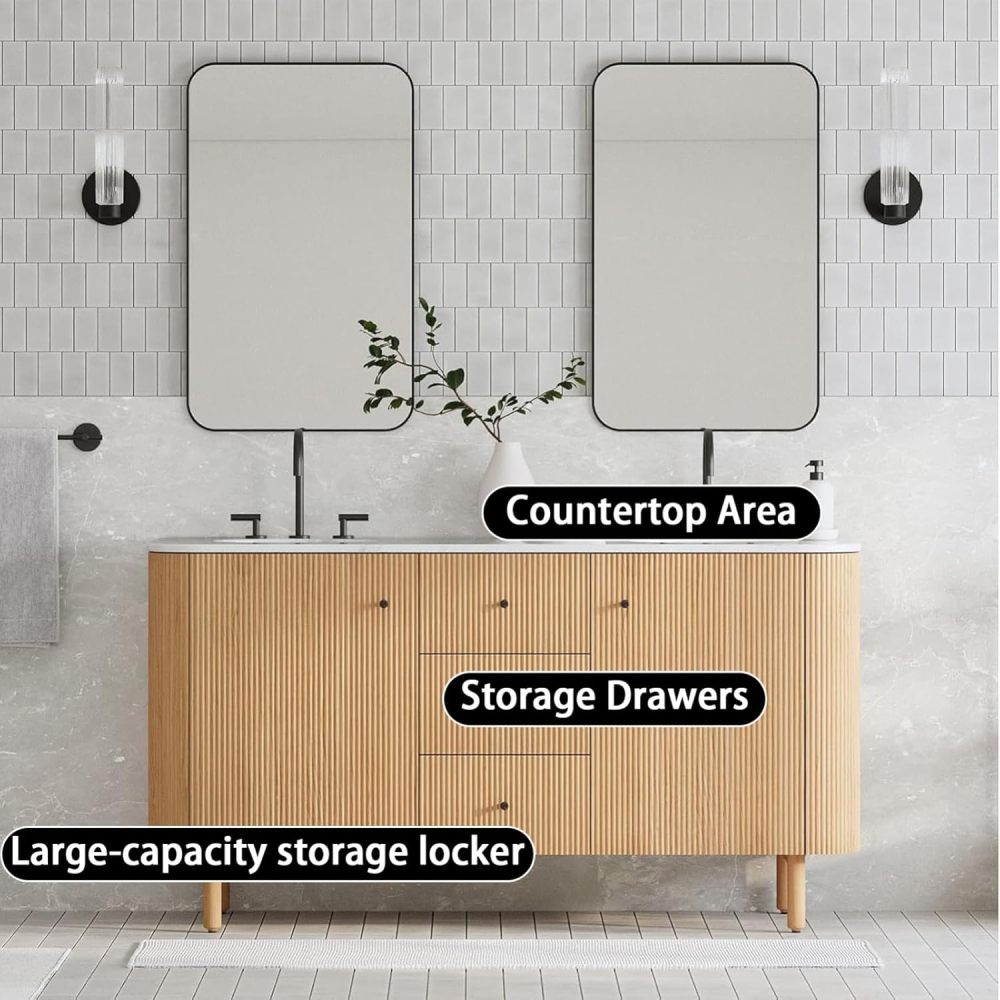 94IN Bathroom Vanity - Modern Bathroom Vanity with Anti-Fog Mirror Cabinet, One-Touch Defog & Lighting, Solid Wood Sink Cabinet with 3 Drawers & 2 Doors, No Assembly Required, Wood