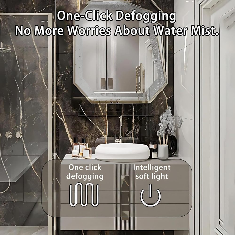 104IN Bathroom Vanity - Modern Bathroom Vanity with Smart Defog Mirror & 3 Drawers, One-Touch Defog & Lighting, Floating Sink Cabinet with Seamless Sink, No Assembly Required, Grey - Mirror