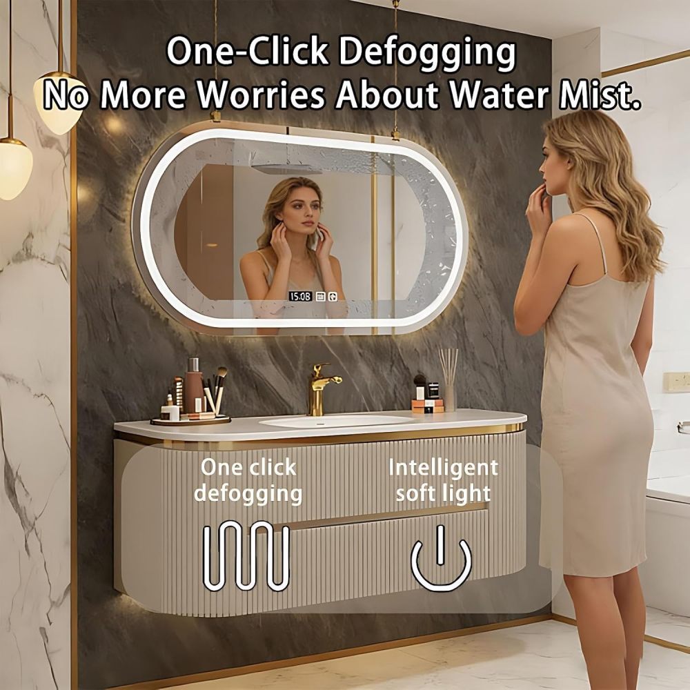 88IN Bathroom Vanity - Modern Bathroom Vanity with Smart Defog Mirror, Floating Sink Cabinet with 3 Drawers & Seamless Sink, No Assembly Required, Grey- Mirror