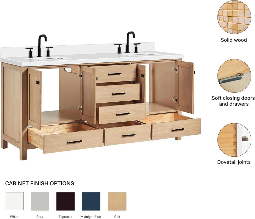 ARIEL Double Bathroom Vanity 73 inch White Oak with Rectangle Sink, 1.5 inch Edge Pure White Quartz Countertop & Backsplash, 4 Soft Closing Doors, 6 Full Extension Dovetail Drawers, Matte Black