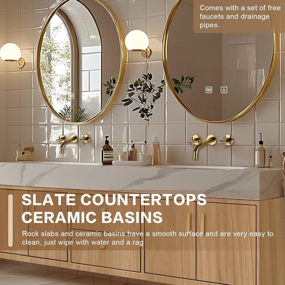 High QLQ Bathroom Vanity – Wall-Mounted Bathroom Vanity with Integrated Double Sinks Includes Symmetrical Solid Wood Cabinet, Double Drawers, Multi-Functional Mirrors (76IN)