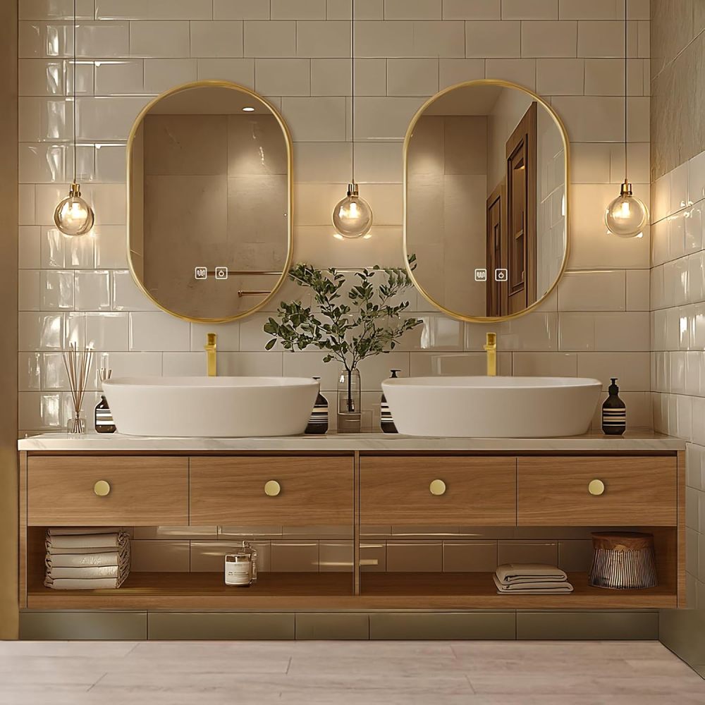 Bathroom Vanity - Retro Bathroom Vanity with Double Sinks Includes Above Counter Sink & Log Style|Open Storage Rack,LED Smart Mirror,Exquisite Handle(92IN)