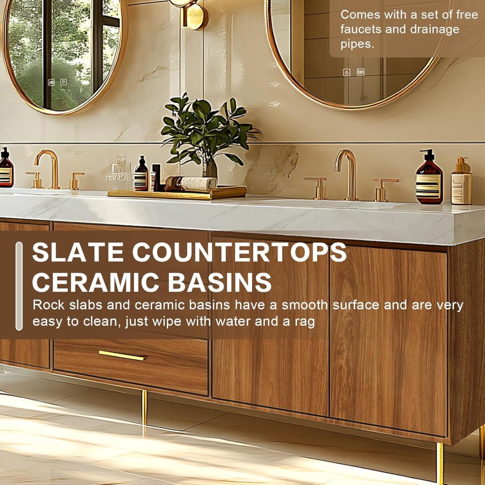 Bathroom Vanity - Retro Bathroom Vanity with Double Sinks Includes Symmetrical Cabinet & Round Mirror|Log Style,Exquisite Handle,LED Smart Defog Mirror(92IN)