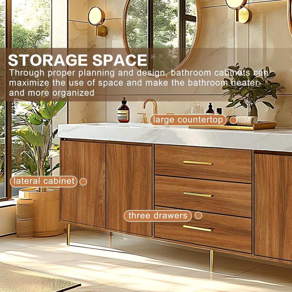 Bathroom Vanity - Retro Bathroom Vanity with Double Sinks Includes Symmetrical Cabinet & Round Mirror|Log Style,Exquisite Handle,LED Smart Defog Mirror(92IN)