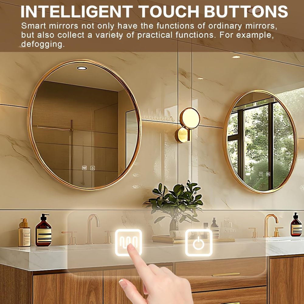 Bathroom Vanity - Retro Bathroom Vanity with Double Sinks Includes Symmetrical Cabinet & Round Mirror|Log Style,Exquisite Handle,LED Smart Defog Mirror(92IN)